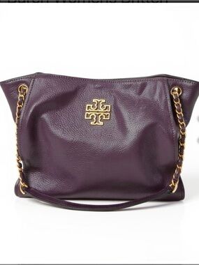 Tory Burch Plum Leather Shoulder Britten Bag with Gold Hardware